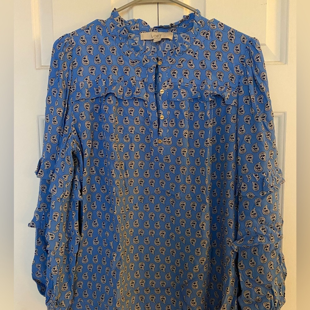 Loft Paisley Ruffle Button Blouse in Blue - Picture 3 of 12